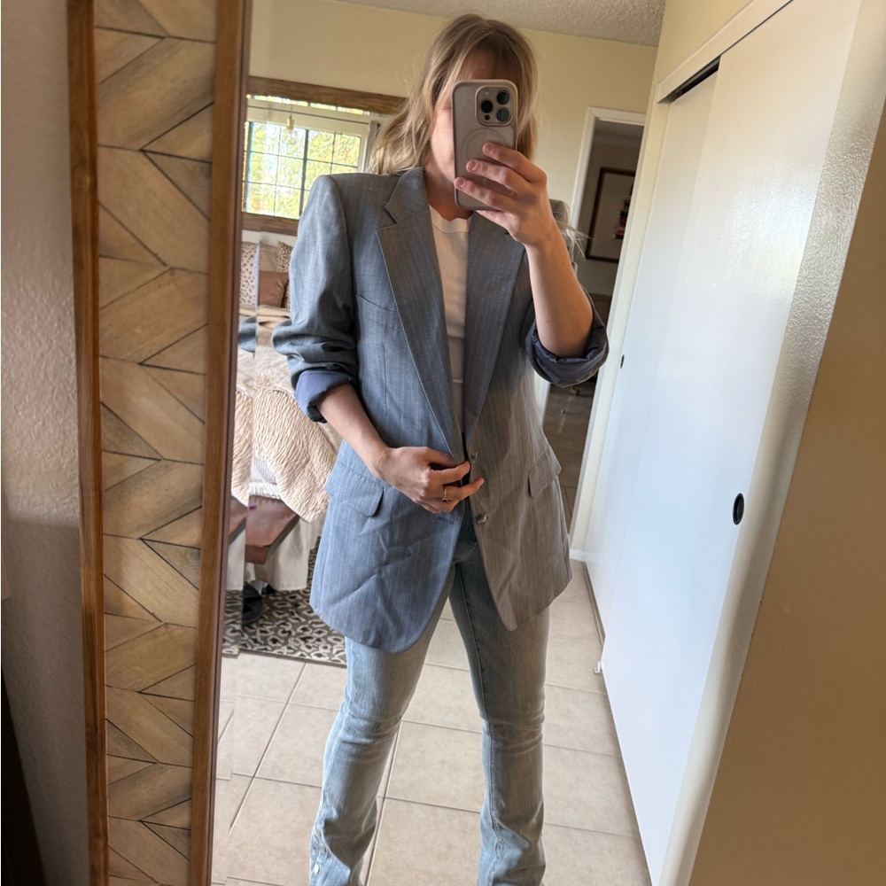 VINTAGE Yves Saint Laurent Light Blue + Tan Plaid Blazer + Removable Fur Collar - Picture 7 of 13